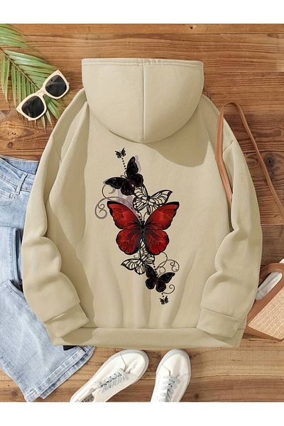 AMMA Unisex Oversize Χειμερινό φούτερ - στάμπα πεταλούδας, κουκούλα, 3 κλωστές
