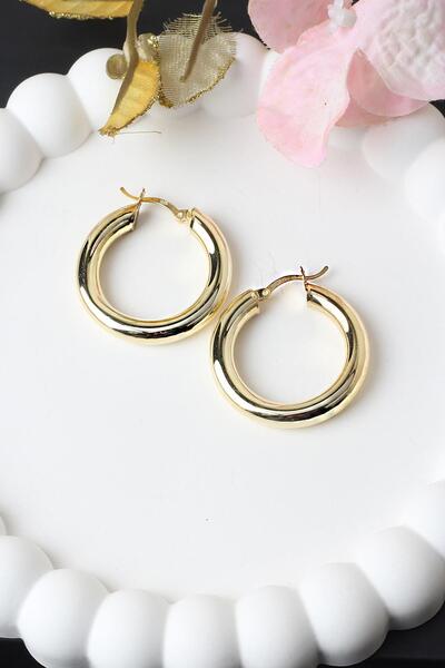 BY BARUN SİLVER Halka Küpe Kalın Bombeli Sarı Gold Altın Rengi 925 Ayar Gümüş Küpe