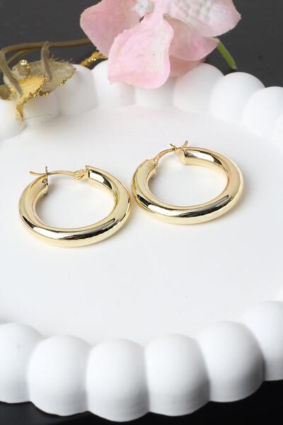 BY BARUN SİLVER Halka Küpe Kalın Bombeli Sarı Gold Altın Rengi 925 Ayar Gümüş Küpe