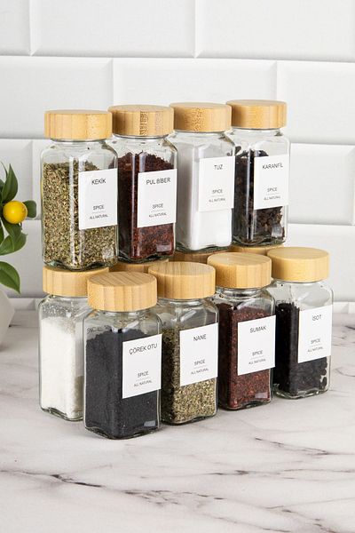 DNS HOME 12-Piece Bamboo Lid Glass Spice Holder Set with Label Glass Square Spice Holder