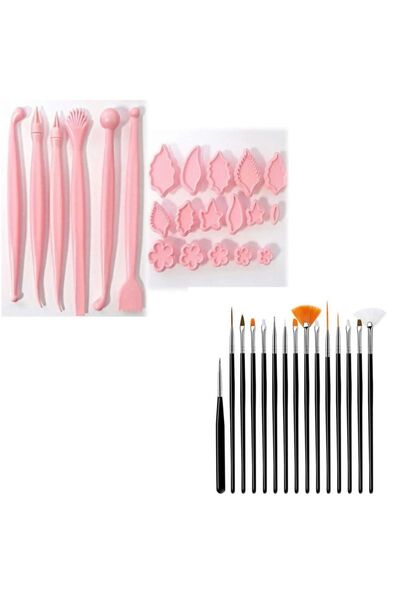 adin tasarım مجموعة تشكيل عجينة السكر مكونة من 21 قطعة + مجموعة فرشاة كعكة مكونة من 15 قطعة - مجموعة فرشاة مارزيبان هوبي