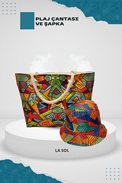 La Sol Desenli Plaj Çantası ve Bucket Balıkçı Şapka (fermuarlı)