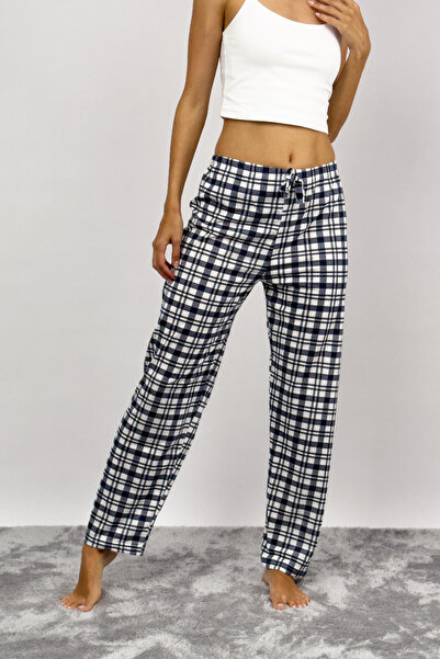 Betimoda Kadın Pamuklu Ekose Desenli Pijama Altı Eşofman Kurdeleli