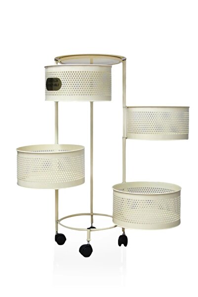 Bayev Salda Krem 4 Katlı Tekerlekli Sebzelik Yana Açılır Bölmeli Patates Soğan Rafı