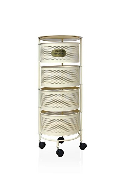 Bayev Salda Krem 4 Katlı Tekerlekli Sebzelik Yana Açılır Bölmeli Patates Soğan Rafı