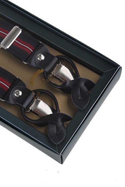 Kravatkolik Black Red Jacquard Leather Trouser Strap - Button Detailed PAN182