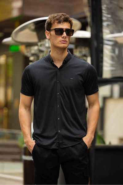 Decas Черна риза Slim Fit с копчета тик-так