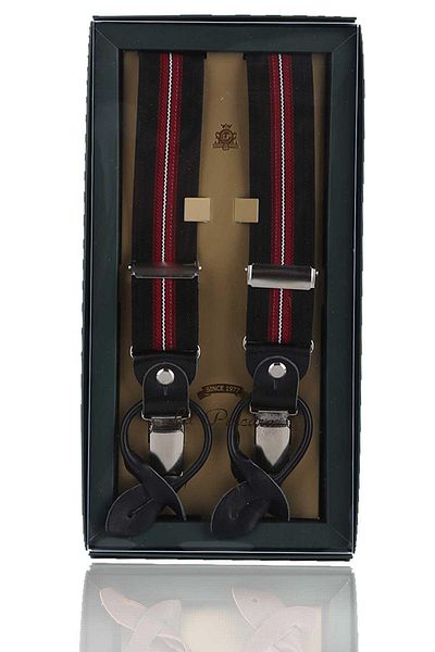 Kravatkolik Black Red Jacquard Leather Trouser Strap - Button Detailed PAN182