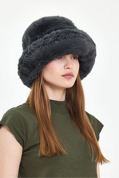 Fluffy Turkey Cupcake Winter Women's Trend Plush Grey Faux Fur Plush Bucket Hat (58-60 cm)