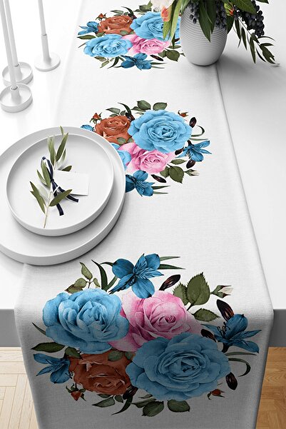 Genel Markalar Mavi Pembe Desenli Çiçekli Leke Tutmaz Kumaş Salon Mutfak Masa...
