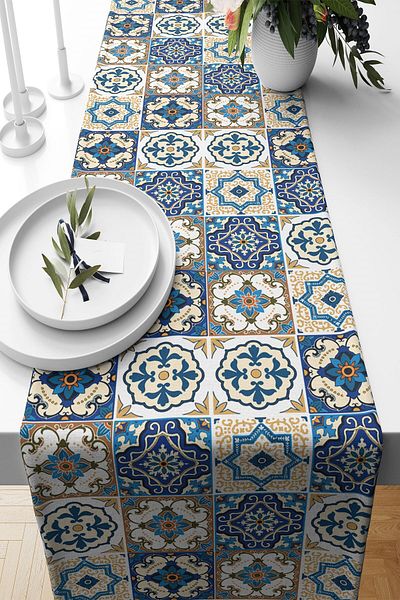 on the clouds Blue Gunmetal Runner - Stain Tile, Țesătură rezistentă, Masă de bucătărie pentru living, Diverse modele Ranır