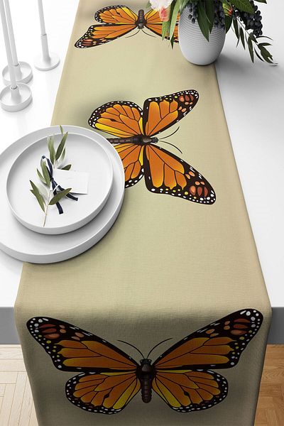 on the clouds Vintage Orange Butterfly Pattern - Stain Resistant Fabric Living Room Kitchen Table Runner
