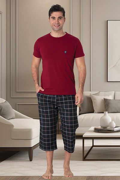 Mecit Pijama Ανδρικό σετ Κάπρι Βουργουνδίας - Βαμβακερό, Καρό Σχέδιο, Κοντό μανίκι, Λαιμόκοψη, Μεγάλο Μέγεθος