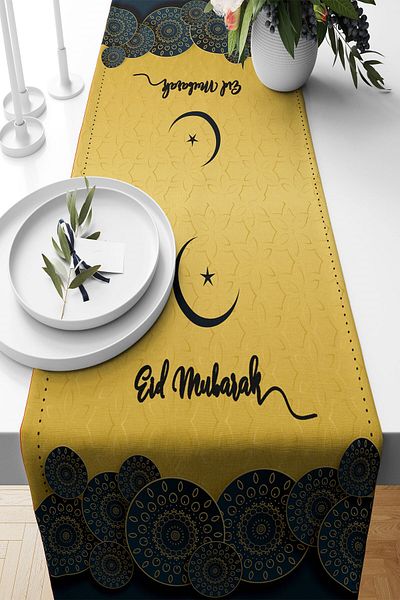 on the clouds Eid Ramadan Mubarek - Decorative Stain Resistant Fabric Living Room Kitchen Table Runner