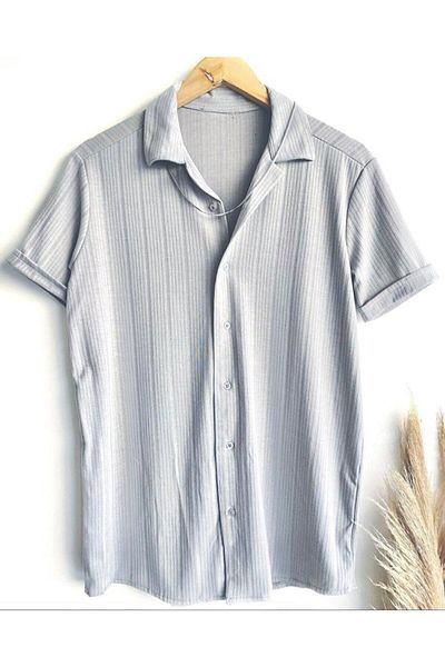 HAWKKİNG Men's Gray Patterned Cotton Summer Short Sleeve Shirt