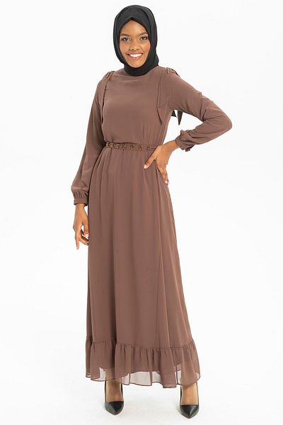 Beyza Καφέ Χρώμα Σιφόν Φόρεμα Hijab - Λεπτομέρεια από πέτρα στους ώμους και τη μέση, Nova 5252