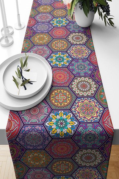 linazaitun Ethnic Tile Mosaic - Non-Stick Fabric Living Room Kitchen Table Runner, Different Ranir Models