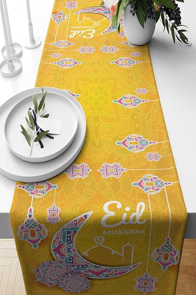 on the clouds Eid Mubarak - Ramadan Lantern Stain Resistant Fabric Living Room Kitchen Table Runner