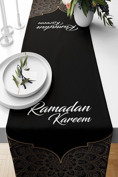 on the clouds Ramadan Karem Themed Black Runner - Ανθεκτικό στους λεκέδες ύφασμα, για σαλόνι και κουζίνα, διαφορετικό μοντέλο