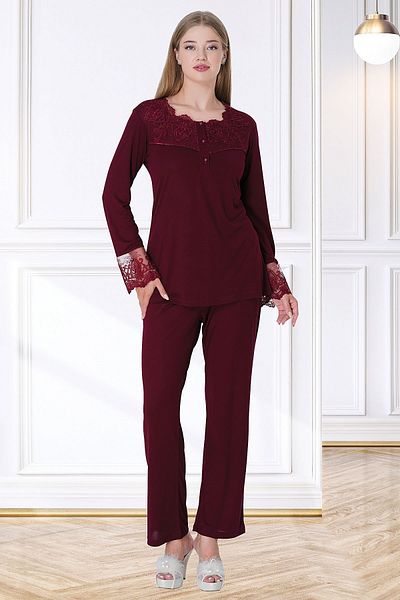 Mecit Pijama Set de pijamale pentru femei cu mâneci lungi, cu detalii din guipur - 75% bumbac, 25% viscoză