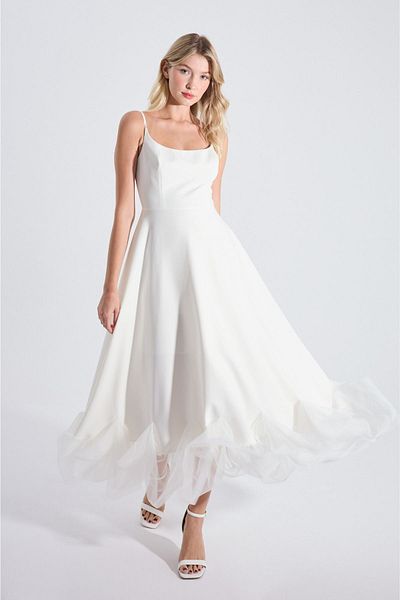 HOX'S Katniss |   Thin Strap Long Flared Dress with Tulle Detail on the Hem - Ecru