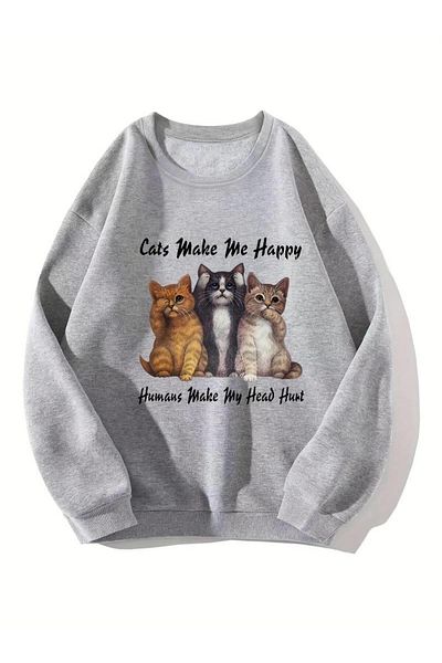 Touz Moda Сив унисекс голям суичър - щампа със сладка котка, кръгла яка