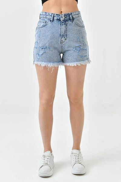 WOMAN VISION High Waist Lycra Free Light Blue Denim Shorts - Ripped Detail Jeans 70363