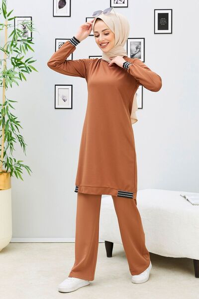 TOFİSA Women's Tan Tunic Trousers - Straight Crew Neck - 11352