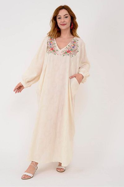 Park Moda AN10707 - V-Neck Embroidery Detailed Dress