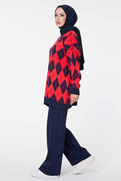 TOFİSA Rote Strick-Tunikahose – schlichter Rundhalsausschnitt – 23645