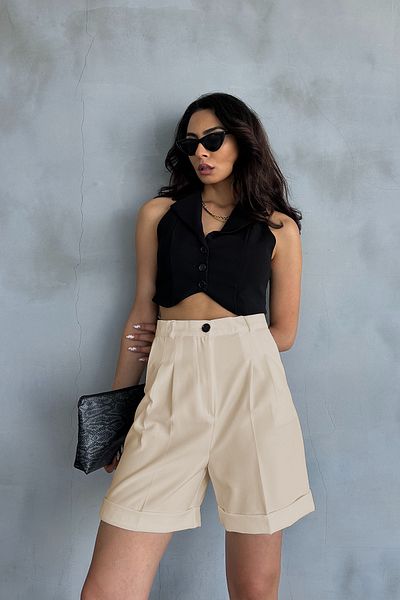 Ortaya Çık Pantaloni scurti Palazzo Bej - Picioare Duble, Tesatura Pliata