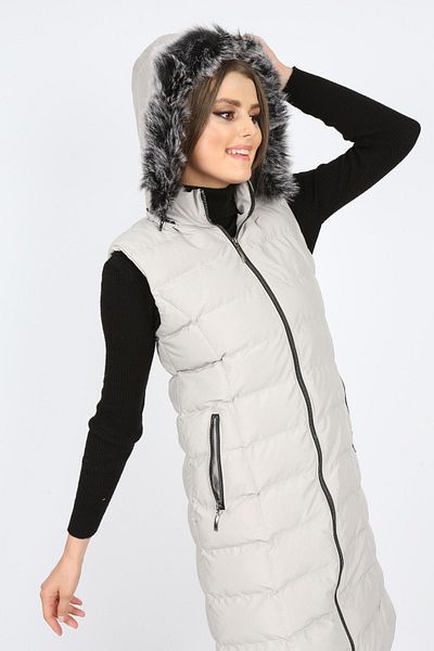 S&V TEKSTİL Women's Stone Color Puffer Long Vest Coat