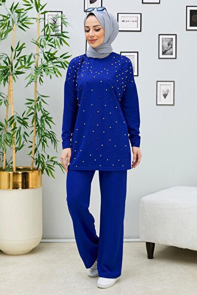 TOFİSA Düz Bisiklet Yaka Kadın Mavi Tunik Pantolon - 11334