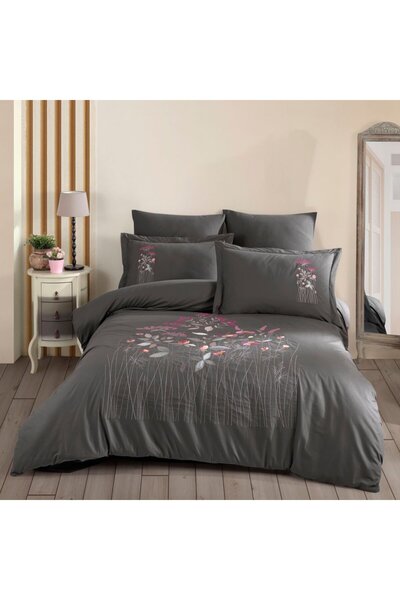 Hobby Premium Emilia Gri - Poplin Çift Kişilik Nakışlı Nevresim Takımı