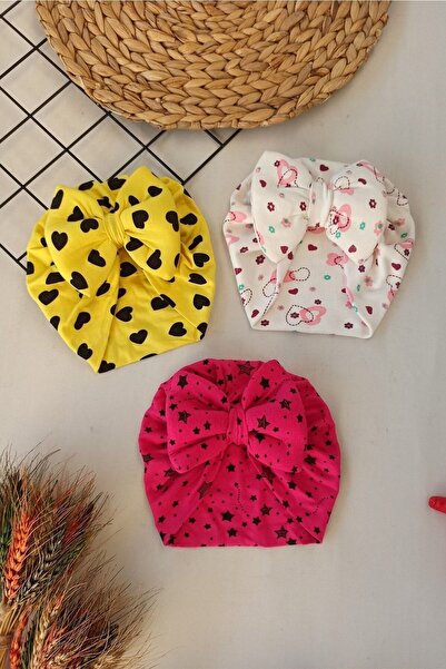 dubi baby 3 Adet Bebek Bone ( Sarı Kalp - Beyaz Kalp - Fuşya Yıldızlı) 0-2 Yaş