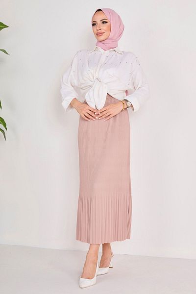 TOFİSA Plain Medium Women's Mink Pleated Skirt - 23027