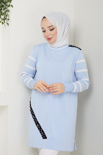 Miraystyle Striped Mercerized Tunic - Stone Detailed