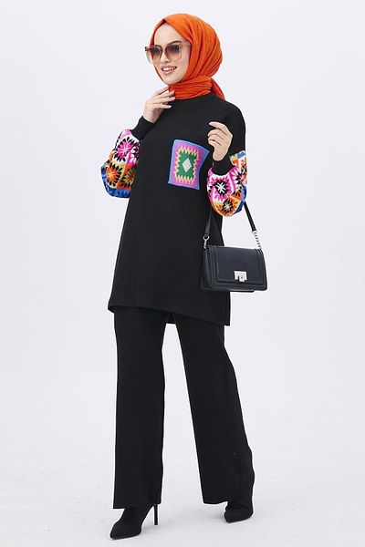 TOFİSA Medium Women's Black Knitwear Tunic and Trousers - 21833