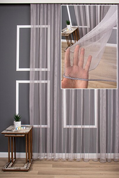 elision home Elit Örgü Gri Düz Tül Perde, 450x270, Seyrek Pile, 1/2
