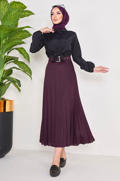 TOFİSA Plum Colored Straight Medium Women's Skirt - Belted, Model 23026