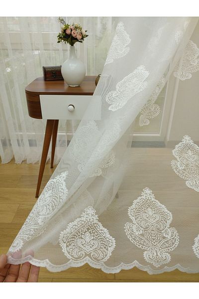 elision home Damask Patterned Special Knitted Textured Tulle Curtain, 400x250, Sparse Pleat, 1/2