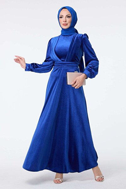 TOFİSA Жіноча синя вечірня сукня з прямим суддівським коміром 23428