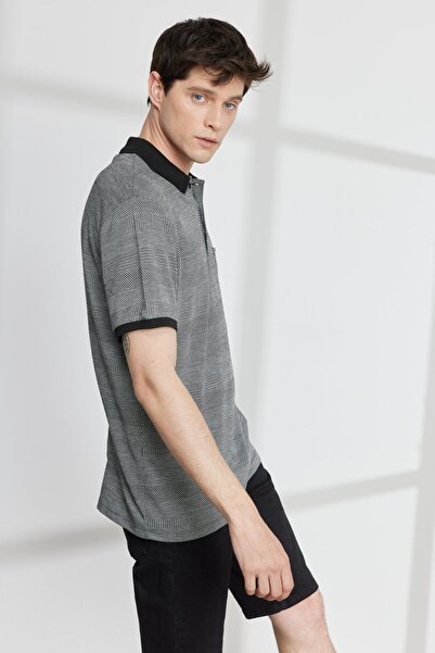 ALTINYILDIZ CLASSICS Men's Black Comfort Fit Polo Neck Jacquard T-Shirt