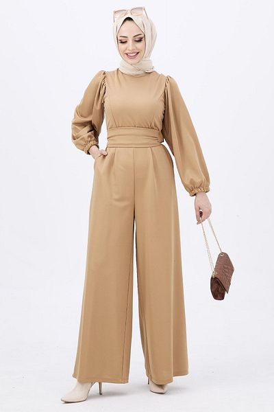 TOFİSA Beige Women's Jumpsuit - Plain Bike Model - 11110