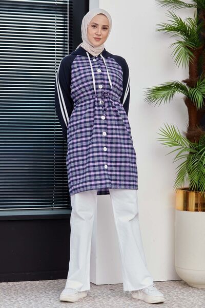TOFİSA Lilac Hooded Collar Women's Tunic - Plain Hooded - 3861