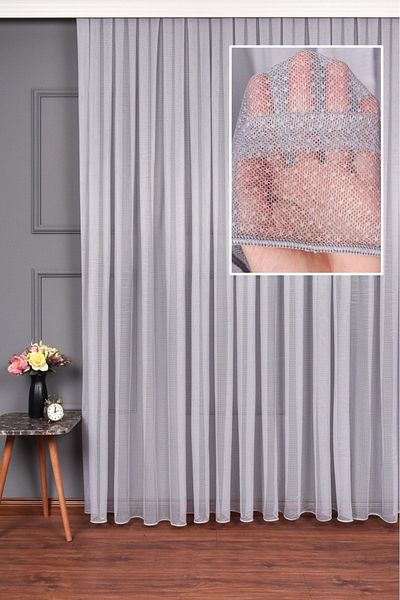 elision home ستارة من التول العادي باللون الرمادي الكتاني، مقاس 150x260، بطيات متناثرة، 1/2