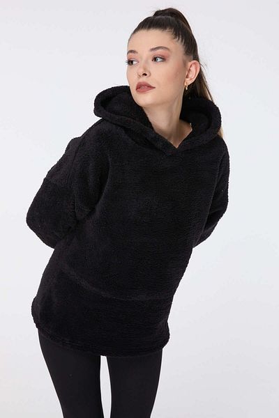 TOFİSA Women's Black Plush Sweat - Plain Hooded Collar - 13049
