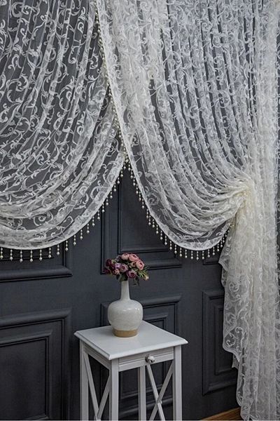 elision home Ecru Color Shawl Pattern Double Breasted, (Beaded), Living Room, Kitchen, Bedroom, Tulle Curtain Suitable for Every Room