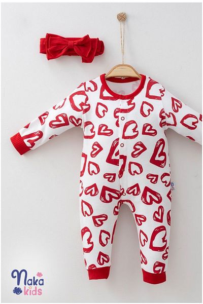 Naka Concept Heart Patterned ''Crimson Heart'' Baby Jumpsuit and Bandana Set