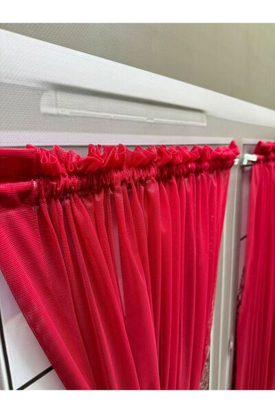 elision home Kırmızı Kelebek Briz Çubuklu Perde, Mutfak Kapı Pencere içi Tül Perde ( Çubuklar Dahil )